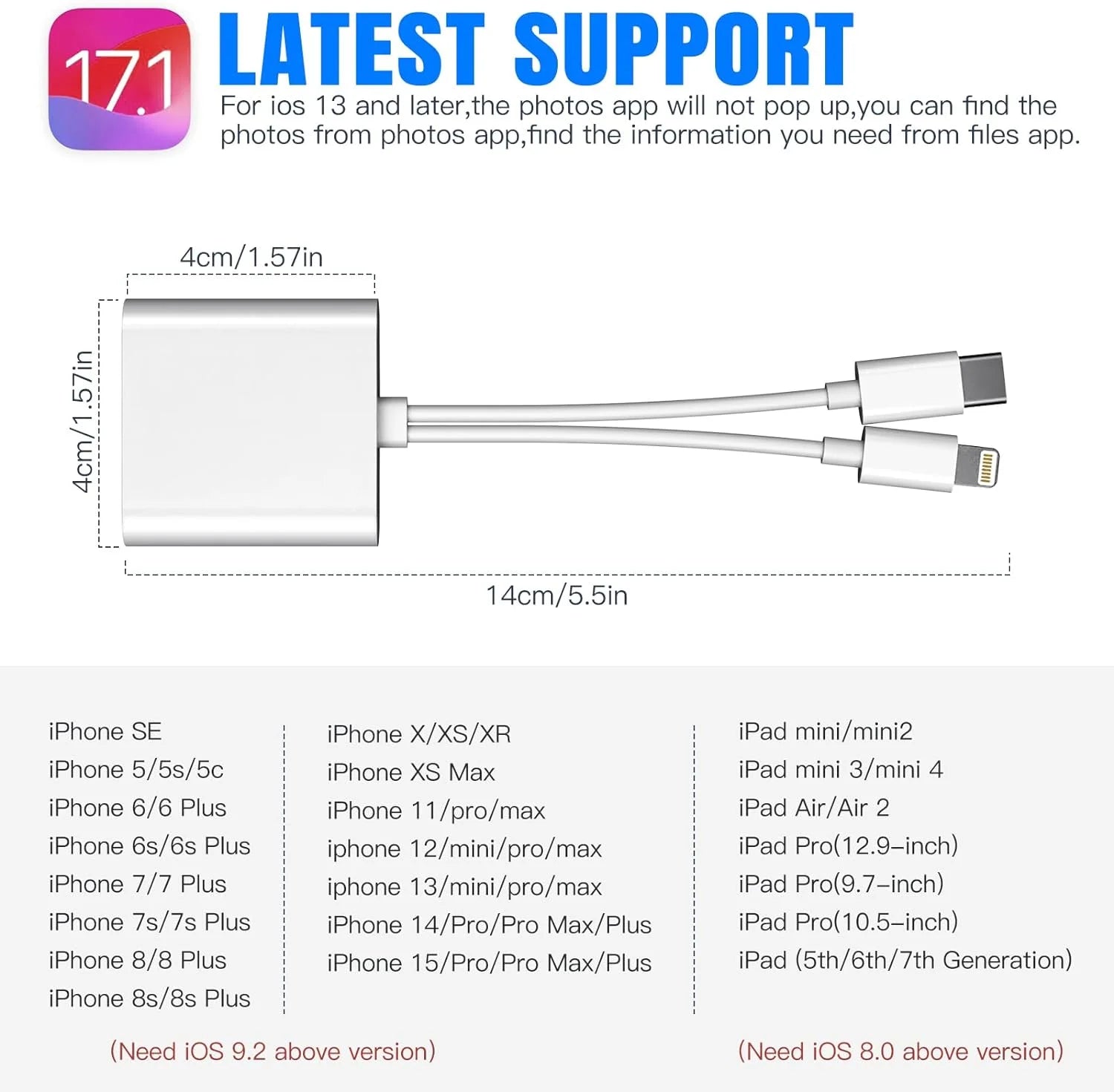 Sd Card Reader for Iphone Ipad Camera,Dual Card Slot Memory Card Reader Supports