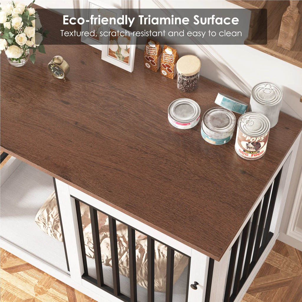 Dog Crate Furniture, 47.2''W Wooden Indoor Dog Cage Table with Sliding & Lockable Doors, White