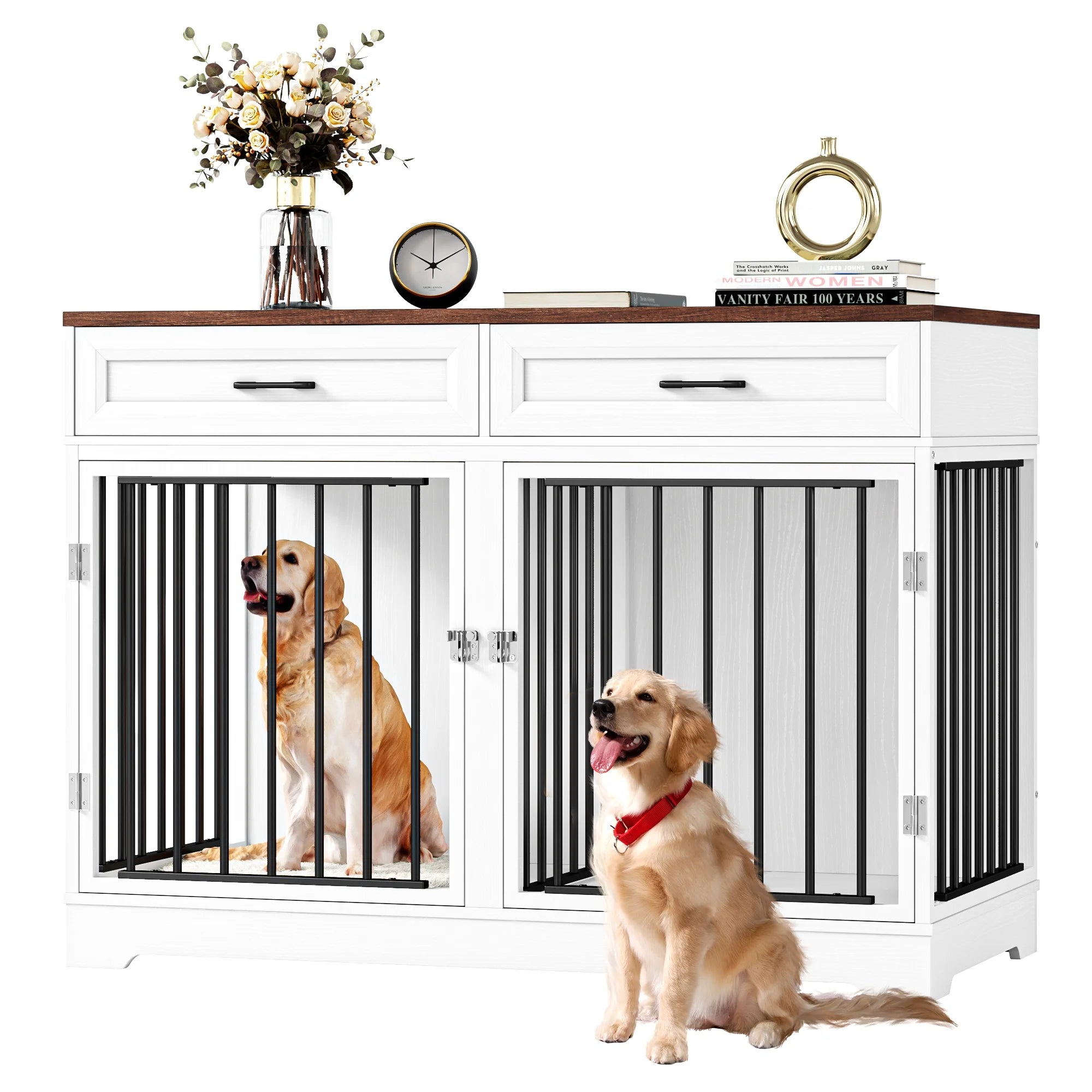 Dog Crate Furniture with 2 Drawers, 47.2 in Wooden Indoor Dog Cage Table with Divider,White
