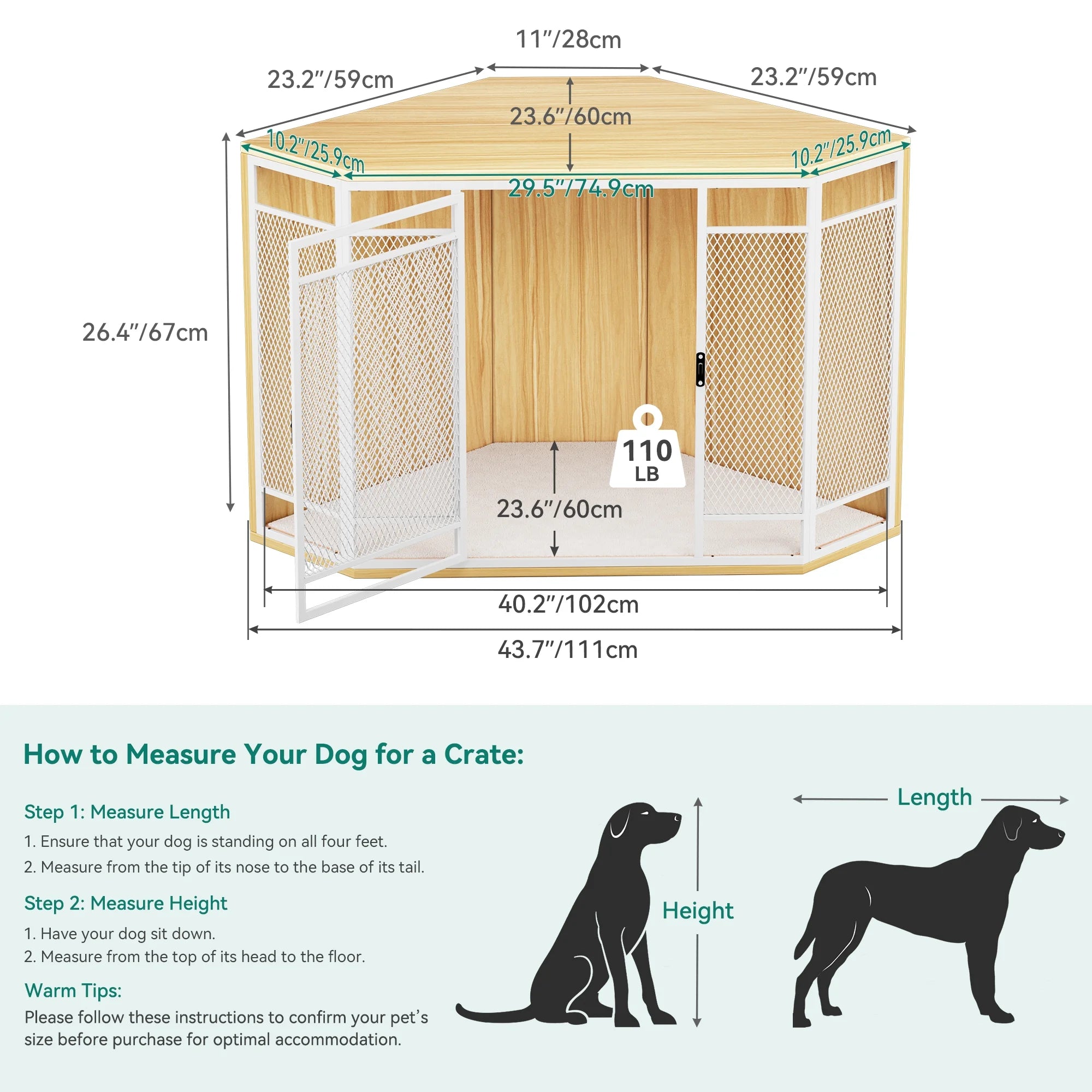 Corner Dog Crate Furniture,Stylish 43.7-Inch Wooden Dog Kennel with Sturdy Metal Mesh, Multi-Functional End Table, Indoor Dog House for Dogs of All Sizes, Walnut Color