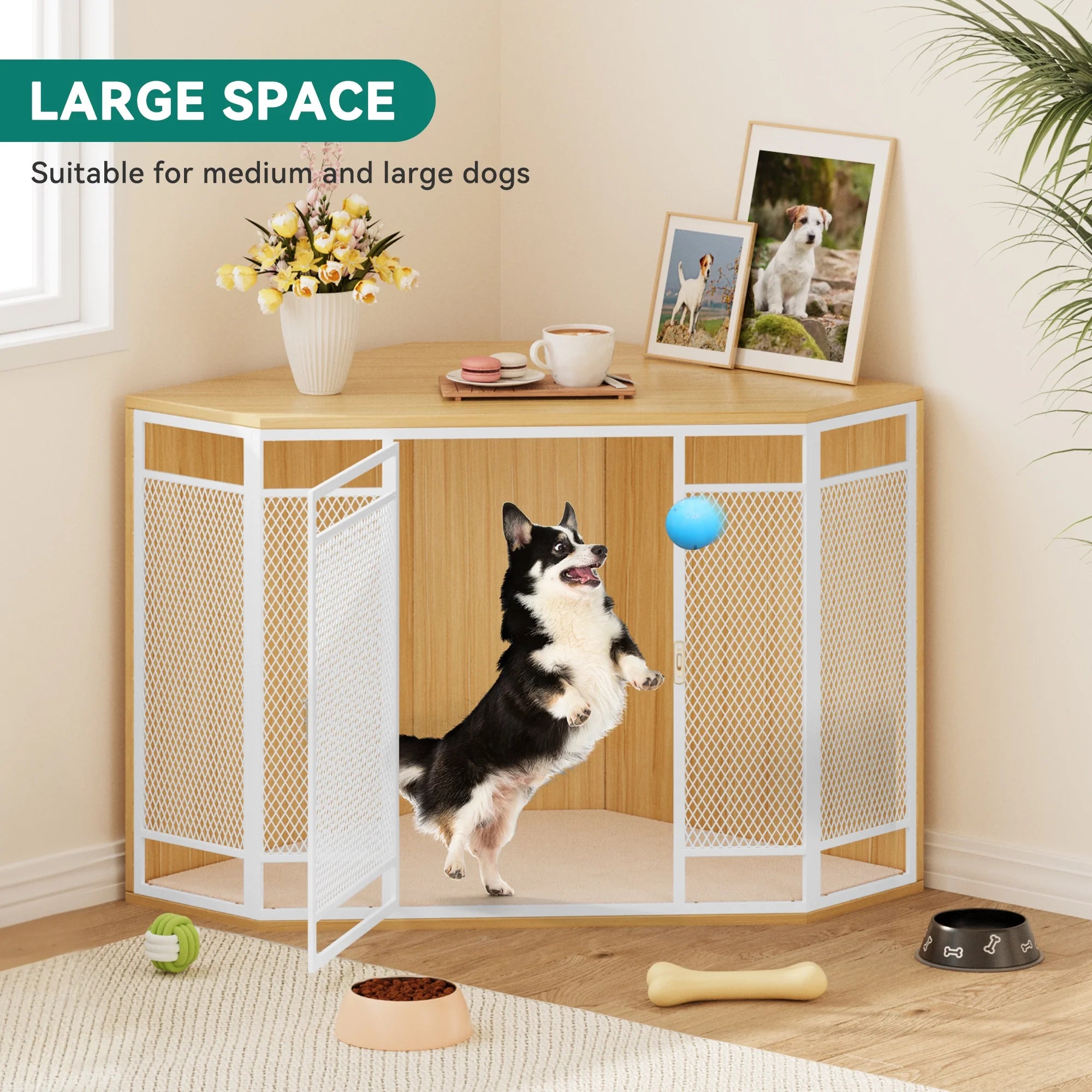 Corner Dog Crate Furniture,Stylish 43.7-Inch Wooden Dog Kennel with Sturdy Metal Mesh, Multi-Functional End Table, Indoor Dog House for Dogs of All Sizes, Walnut Color