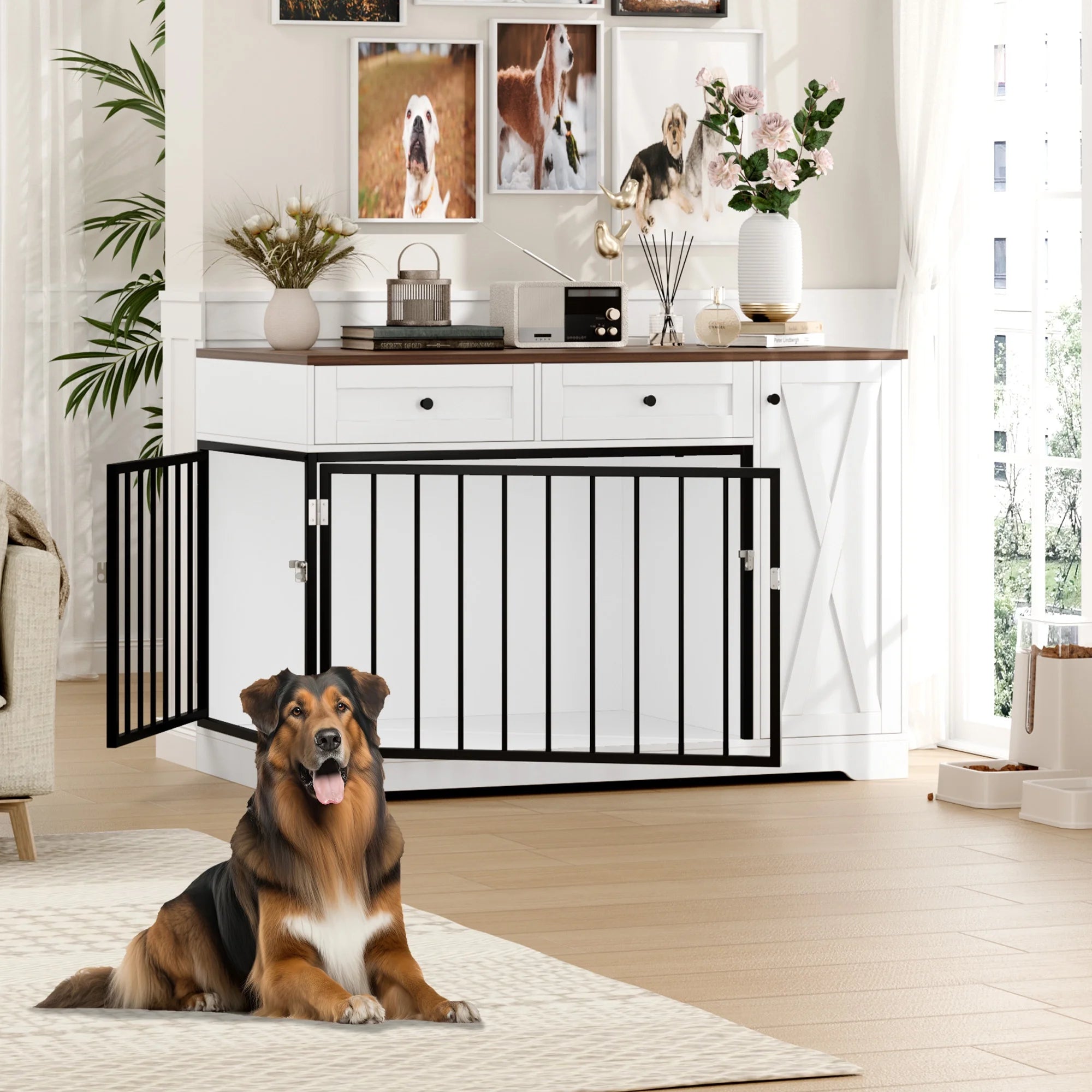 Dog Crate with Storage Cabinet and 2 Drawers, Indoor Furniture Style Wooden Large Dog Kennel, White