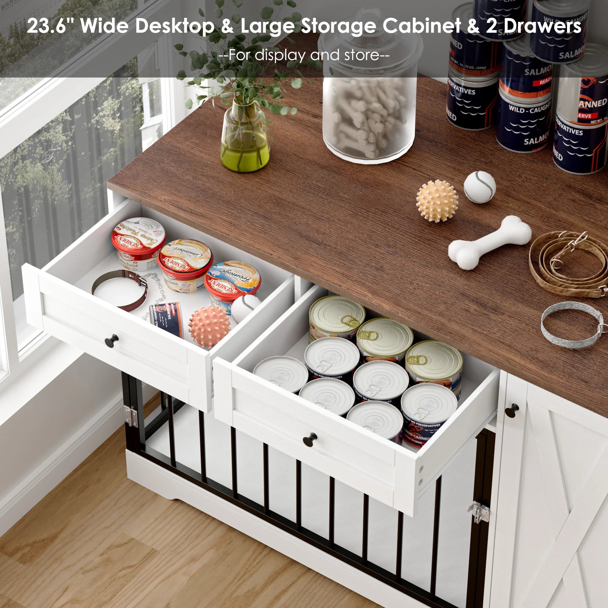 Dog Crate with Storage Cabinet and 2 Drawers, Indoor Furniture Style Wooden Large Dog Kennel, White