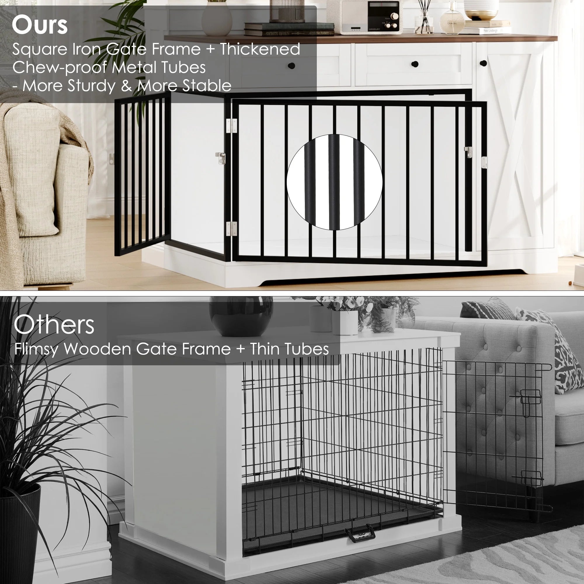 Dog Crate with Storage Cabinet and 2 Drawers, Indoor Furniture Style Wooden Large Dog Kennel, White