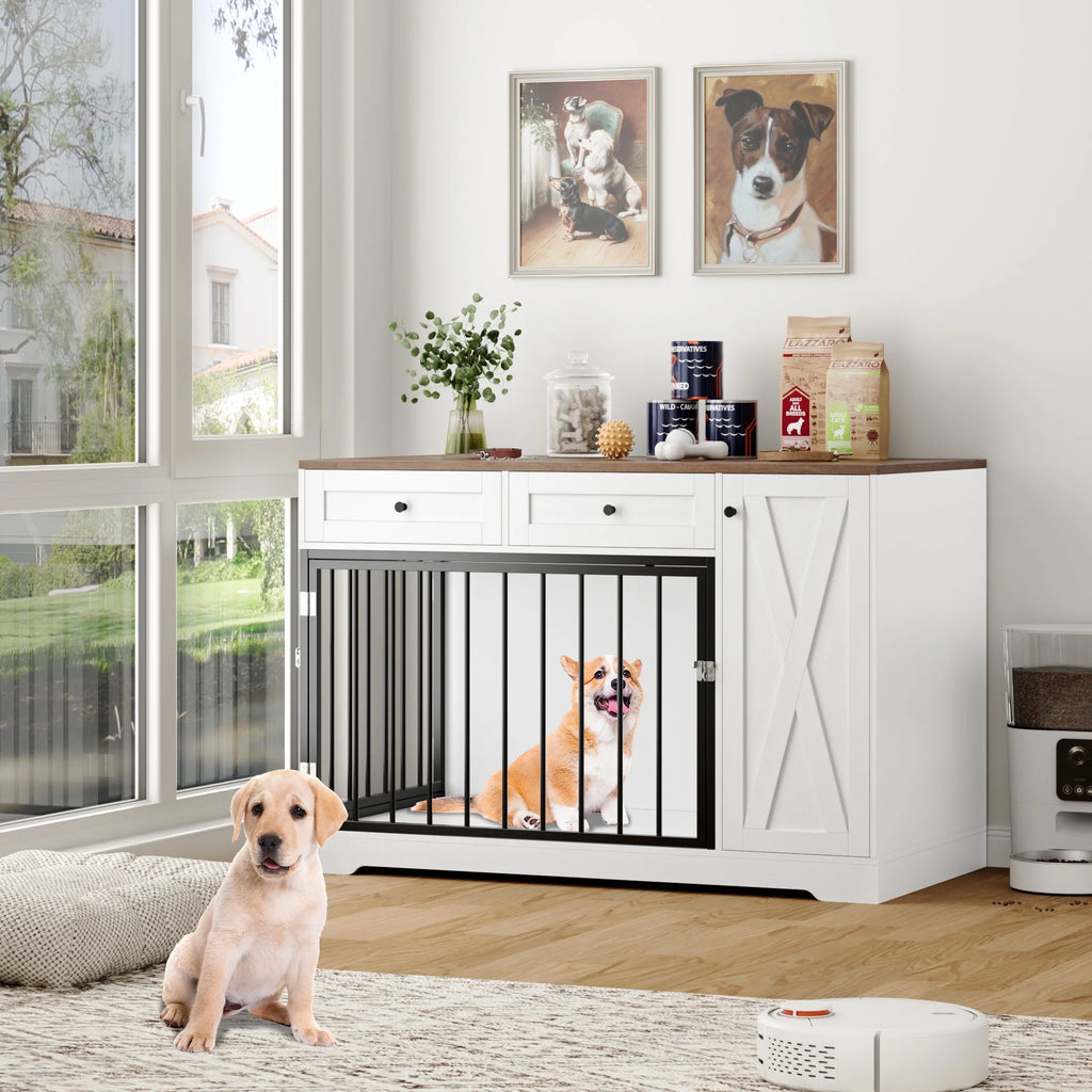 Dog Crate with Storage Cabinet and 2 Drawers, Indoor Furniture Style Wooden Large Dog Kennel, White