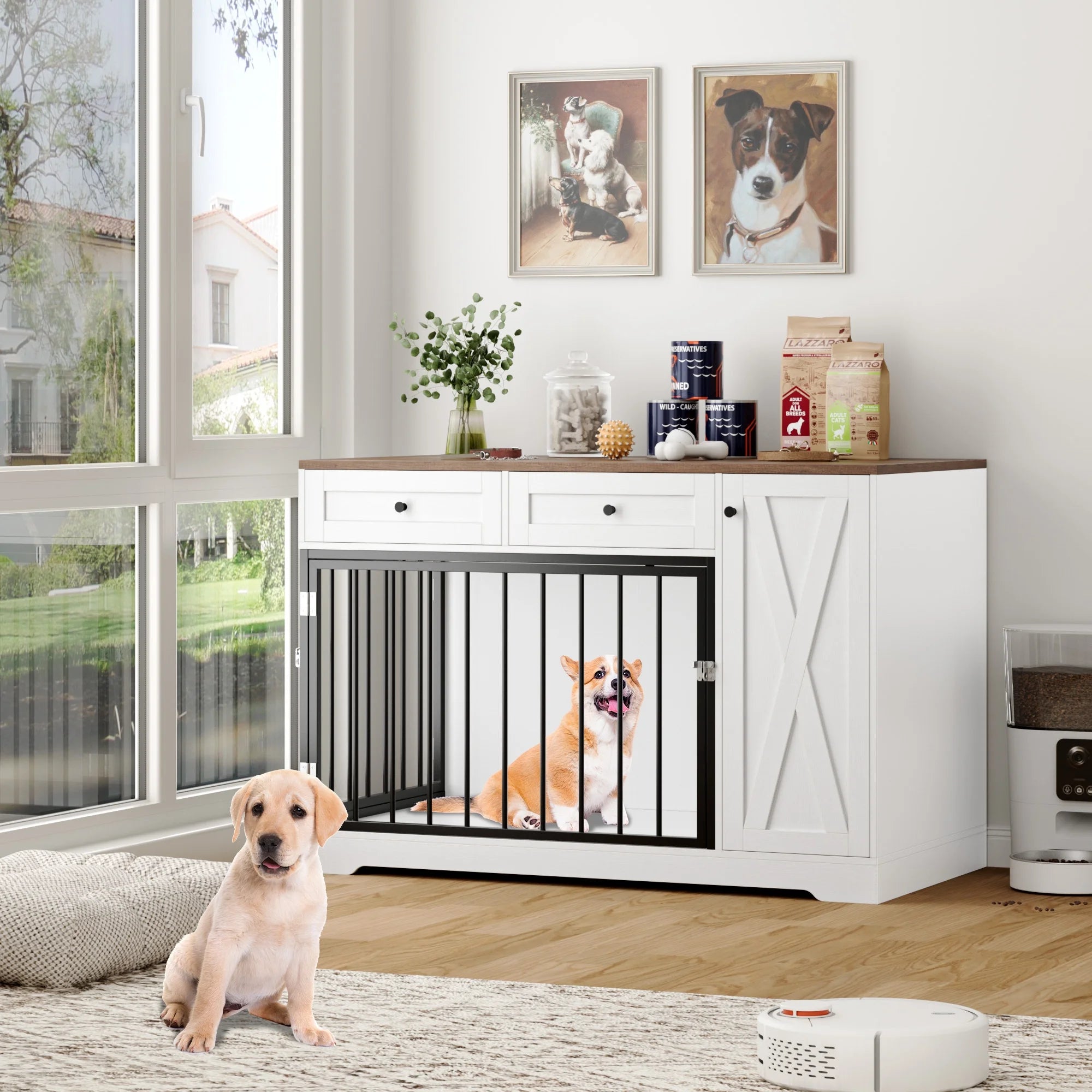 Dog Crate with Storage Cabinet and 2 Drawers, Indoor Furniture Style Wooden Large Dog Kennel, White