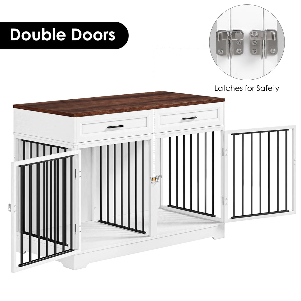 Dog Crate Furniture with 2 Drawers, 47.2 in Wooden Indoor Dog Cage Table with Divider,White