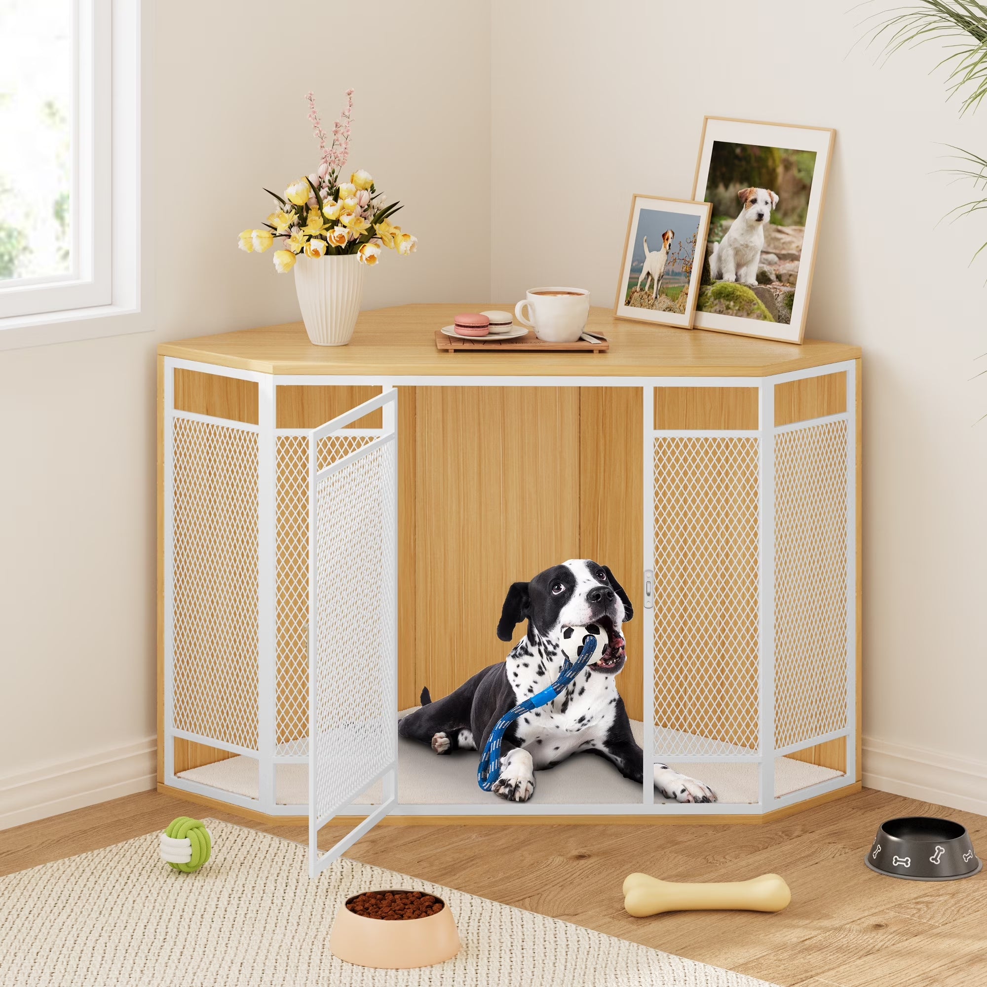 Corner Dog Crate Furniture,Stylish 43.7-Inch Wooden Dog Kennel with Sturdy Metal Mesh, Multi-Functional End Table, Indoor Dog House for Dogs of All Sizes, Walnut Color