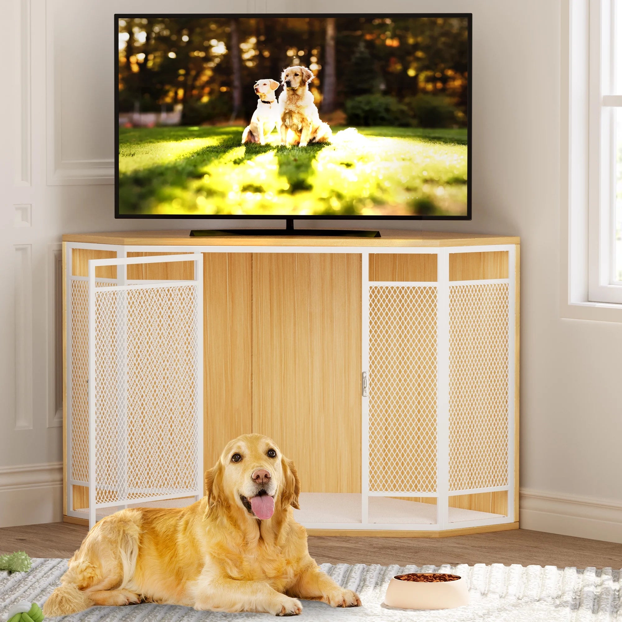 Corner Dog Crate Furniture,Stylish 43.7-Inch Wooden Dog Kennel with Sturdy Metal Mesh, Multi-Functional End Table, Indoor Dog House for Dogs of All Sizes, Walnut Color