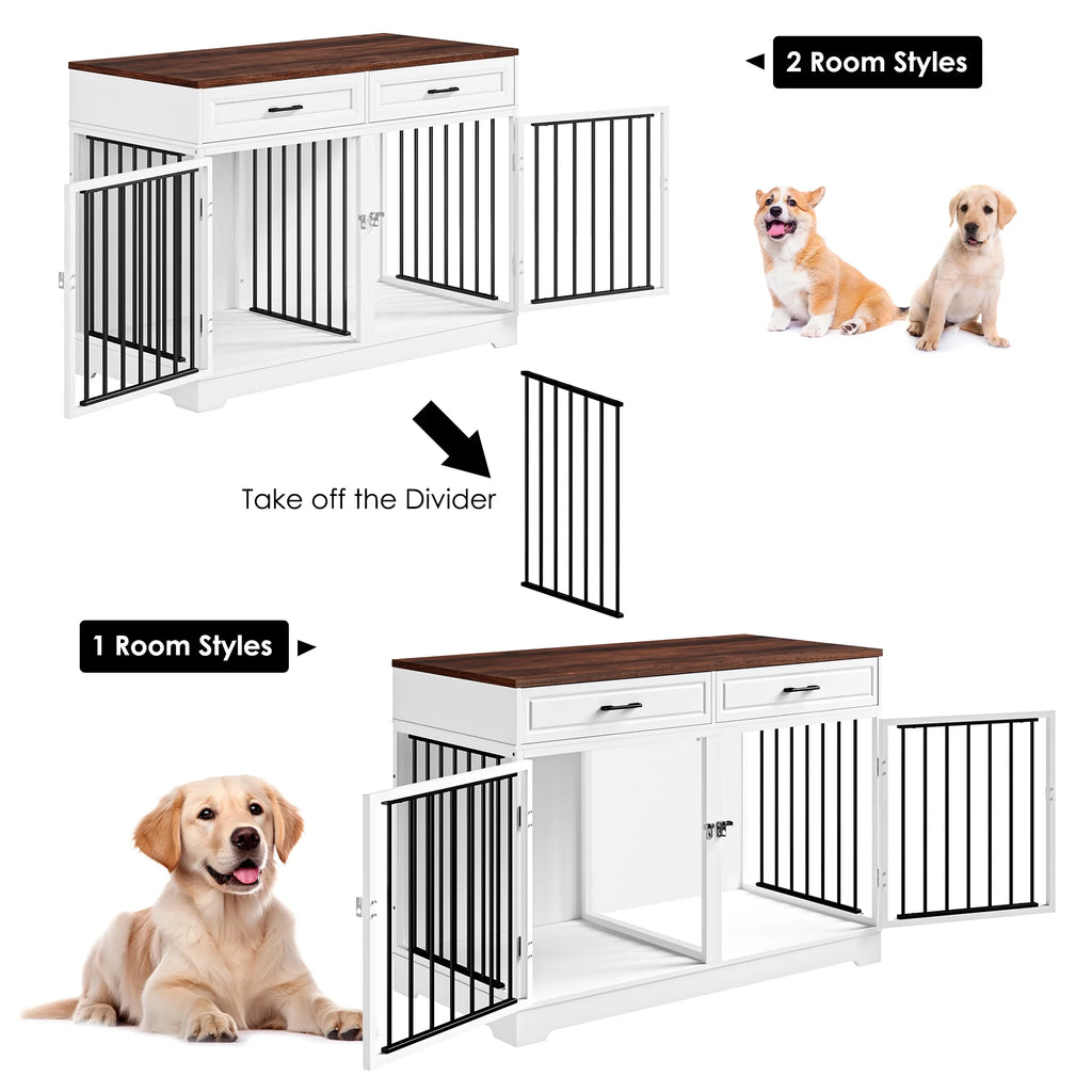 Dog Crate Furniture with 2 Drawers, 47.2 in Wooden Indoor Dog Cage Table with Divider,White