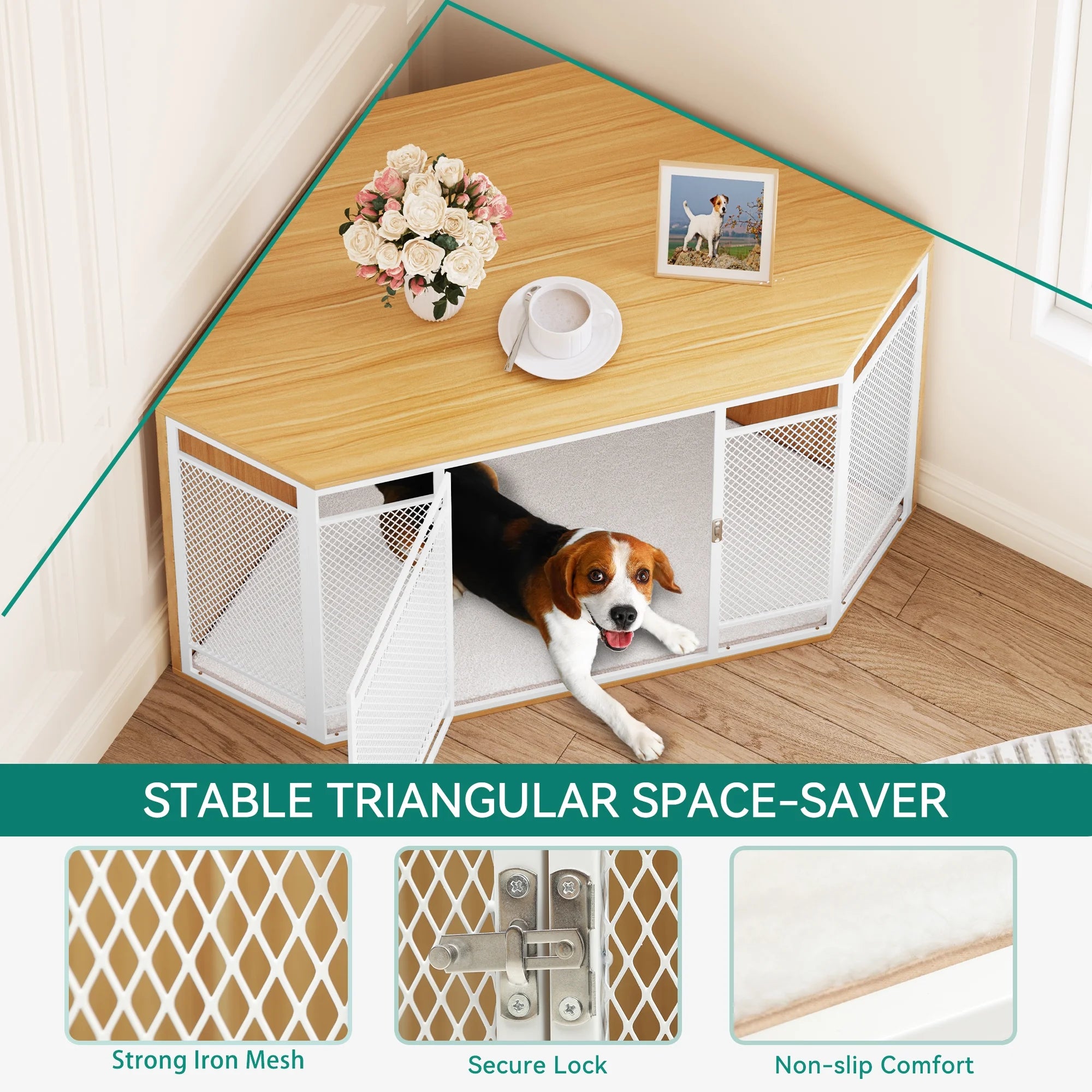 Corner Dog Crate Furniture,Stylish 43.7-Inch Wooden Dog Kennel with Sturdy Metal Mesh, Multi-Functional End Table, Indoor Dog House for Dogs of All Sizes, Walnut Color