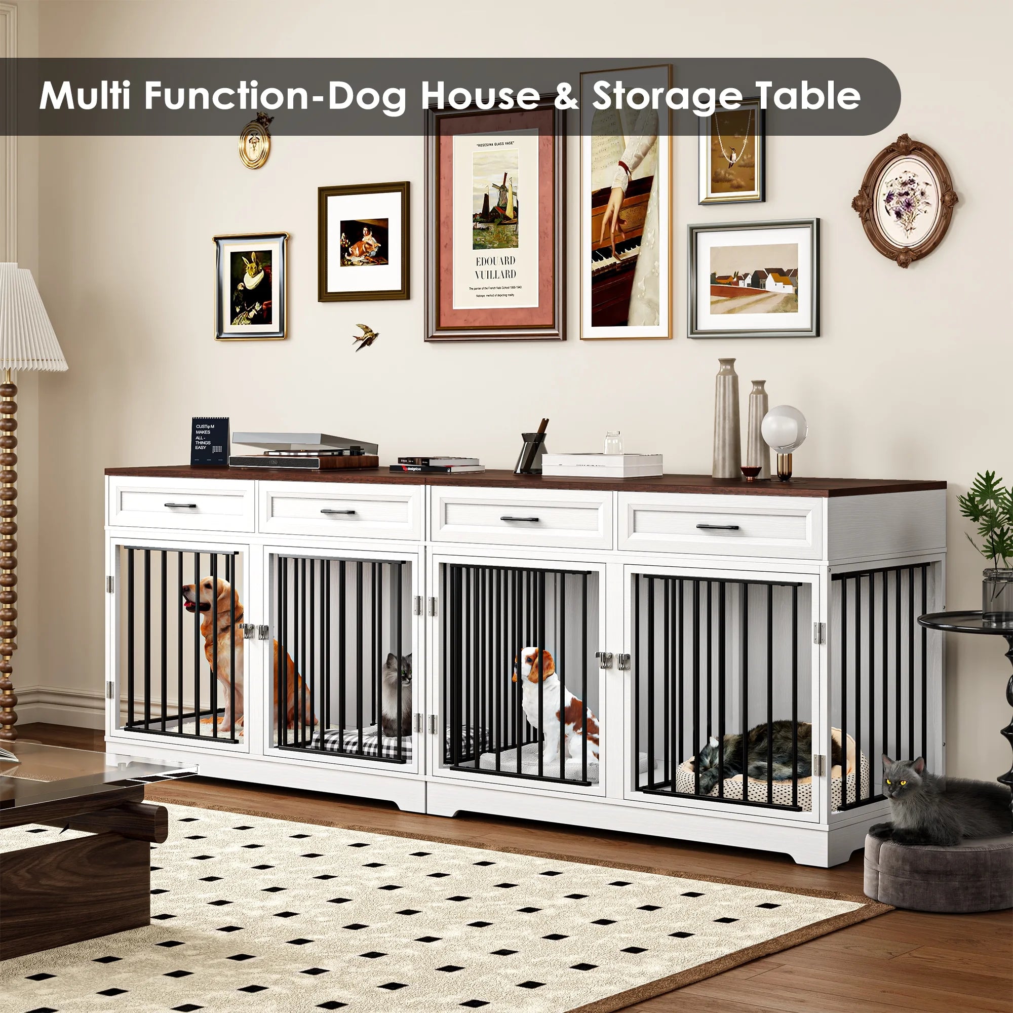 Dog Crate Furniture with 2 Drawers, 47.2 in Wooden Indoor Dog Cage Table with Divider,White