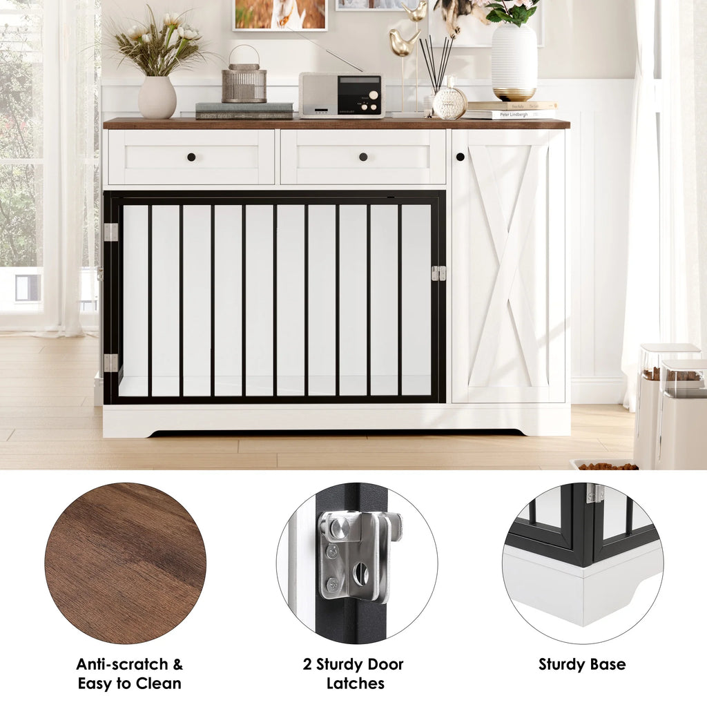 Dog Crate with Storage Cabinet and 2 Drawers, Indoor Furniture Style Wooden Large Dog Kennel, White