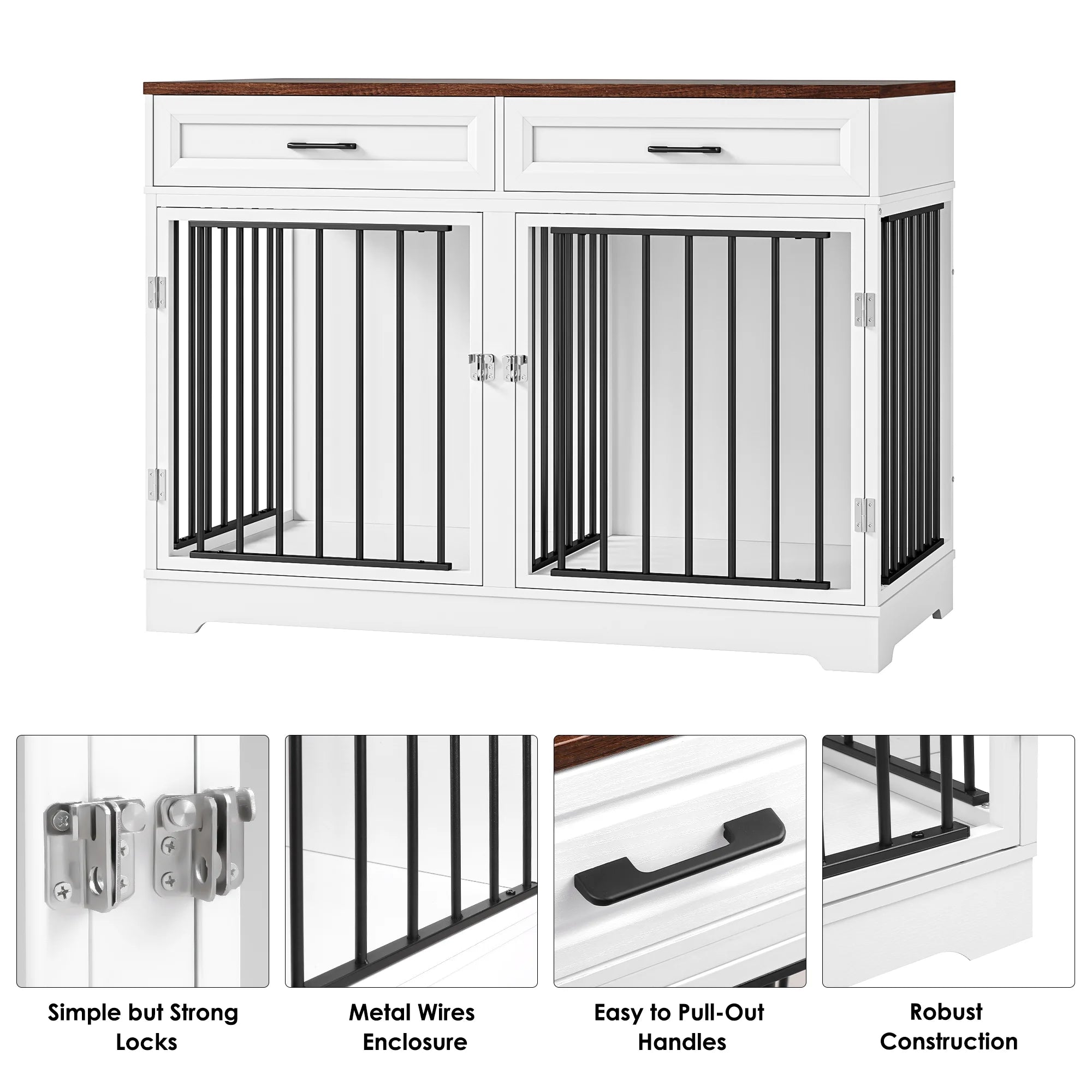 Dog Crate Furniture with 2 Drawers, 47.2 in Wooden Indoor Dog Cage Table with Divider,White