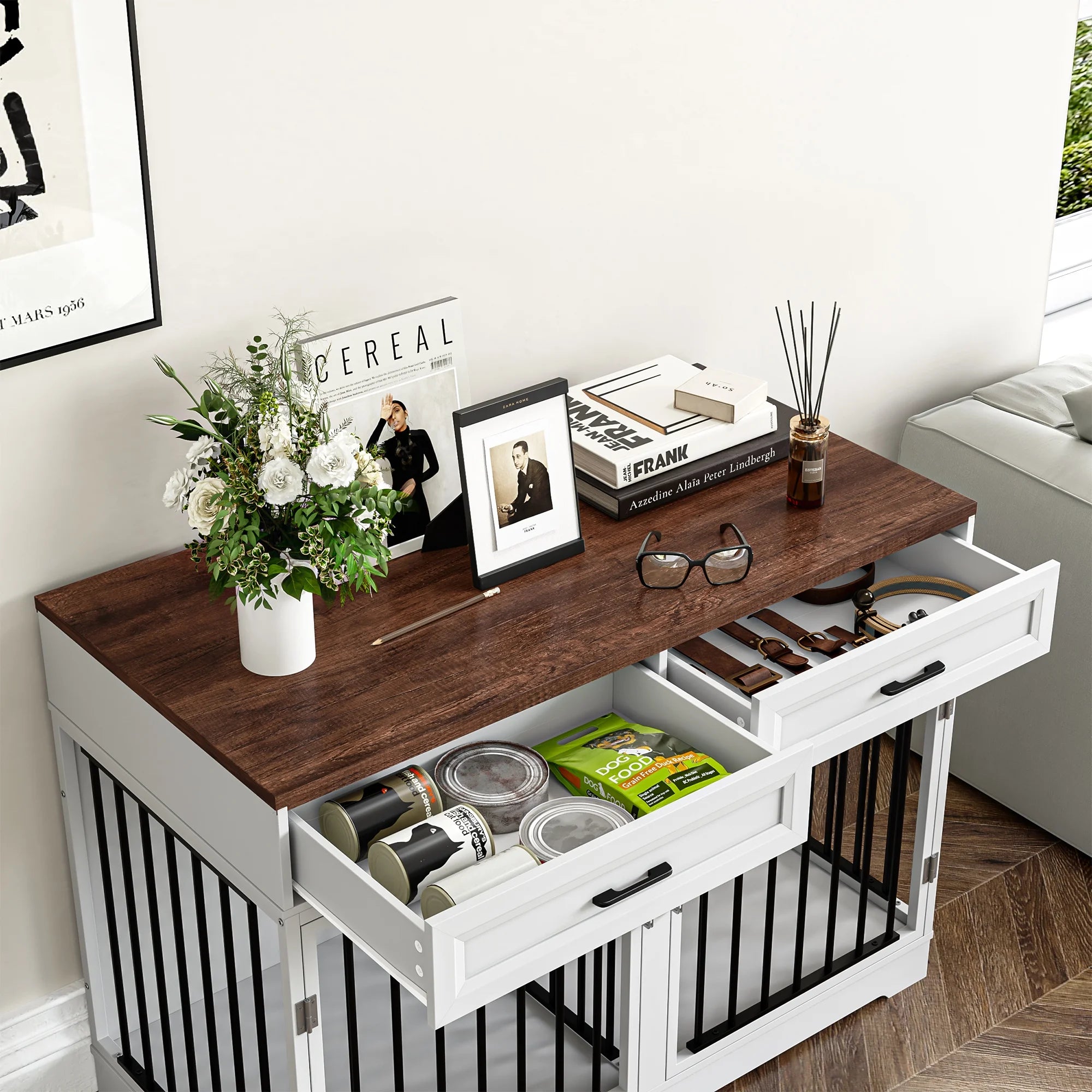 Dog Crate Furniture with 2 Drawers, 47.2 in Wooden Indoor Dog Cage Table with Divider,White