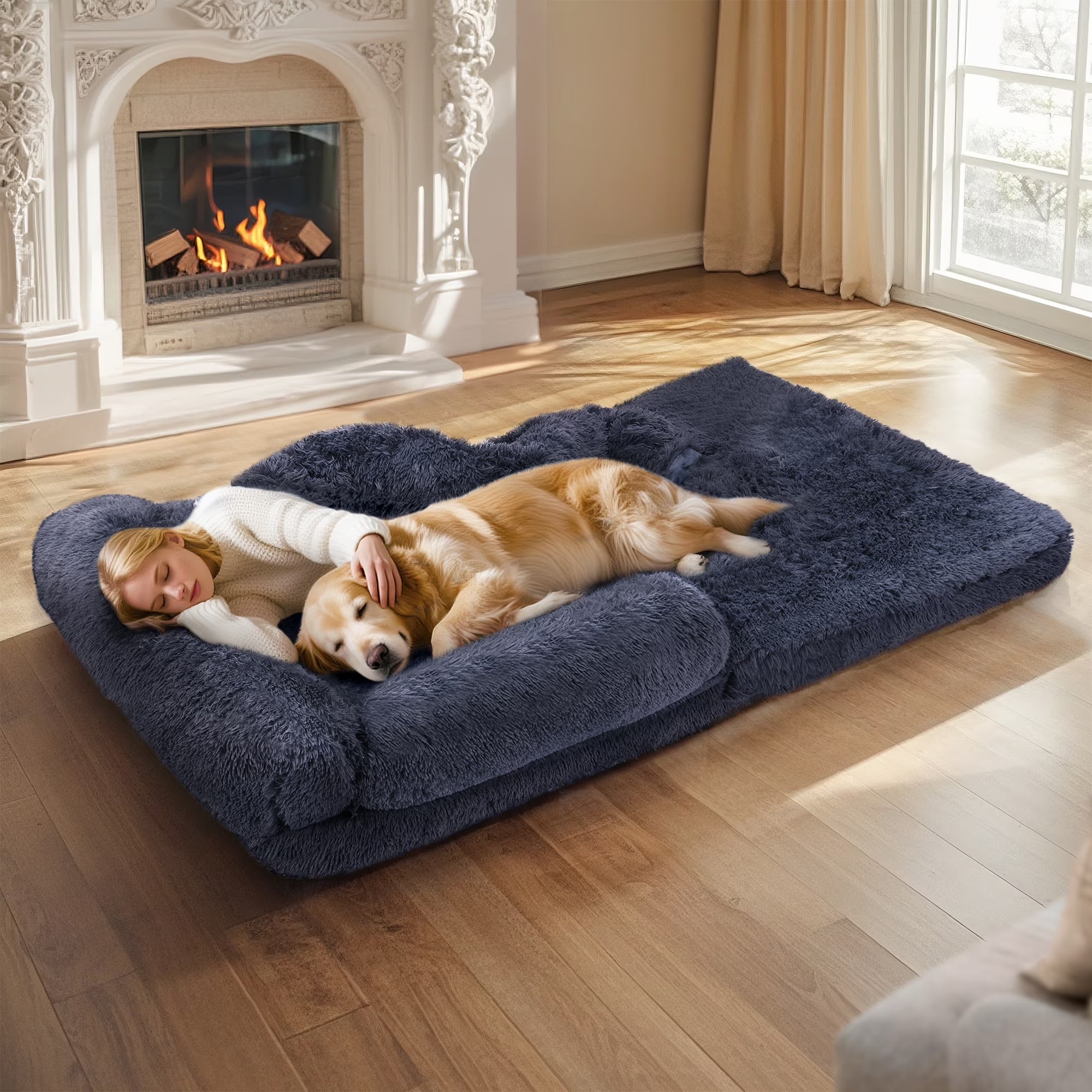 Foldable Human Dog Bed for Adult, Orthopedic Memory Foam Dog Bed for Humans, Waterproof Human Dog Bed for People, Faux Fur Human Sized Dog Bed,Black