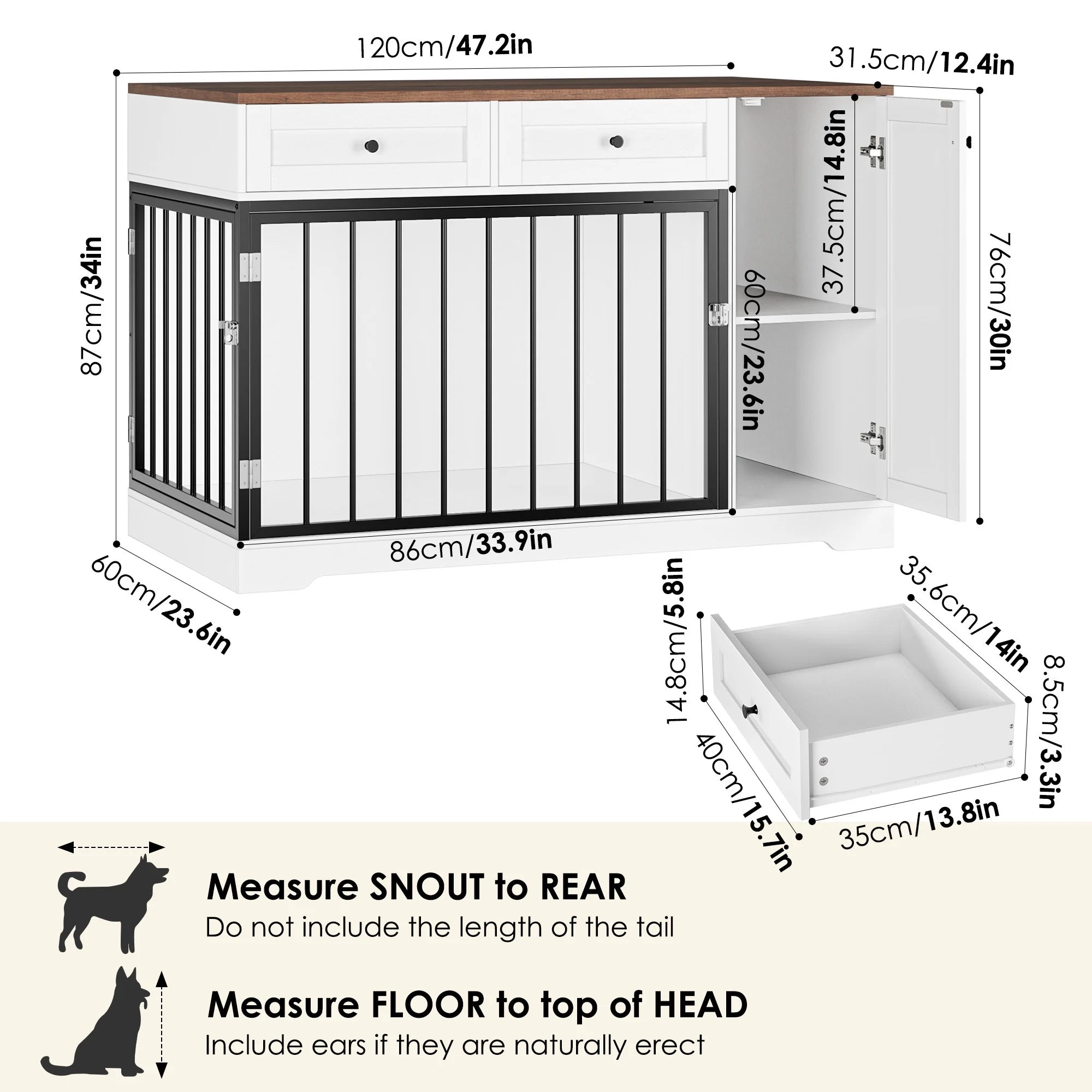 Dog Crate with Storage Cabinet and 2 Drawers, Indoor Furniture Style Wooden Large Dog Kennel, White