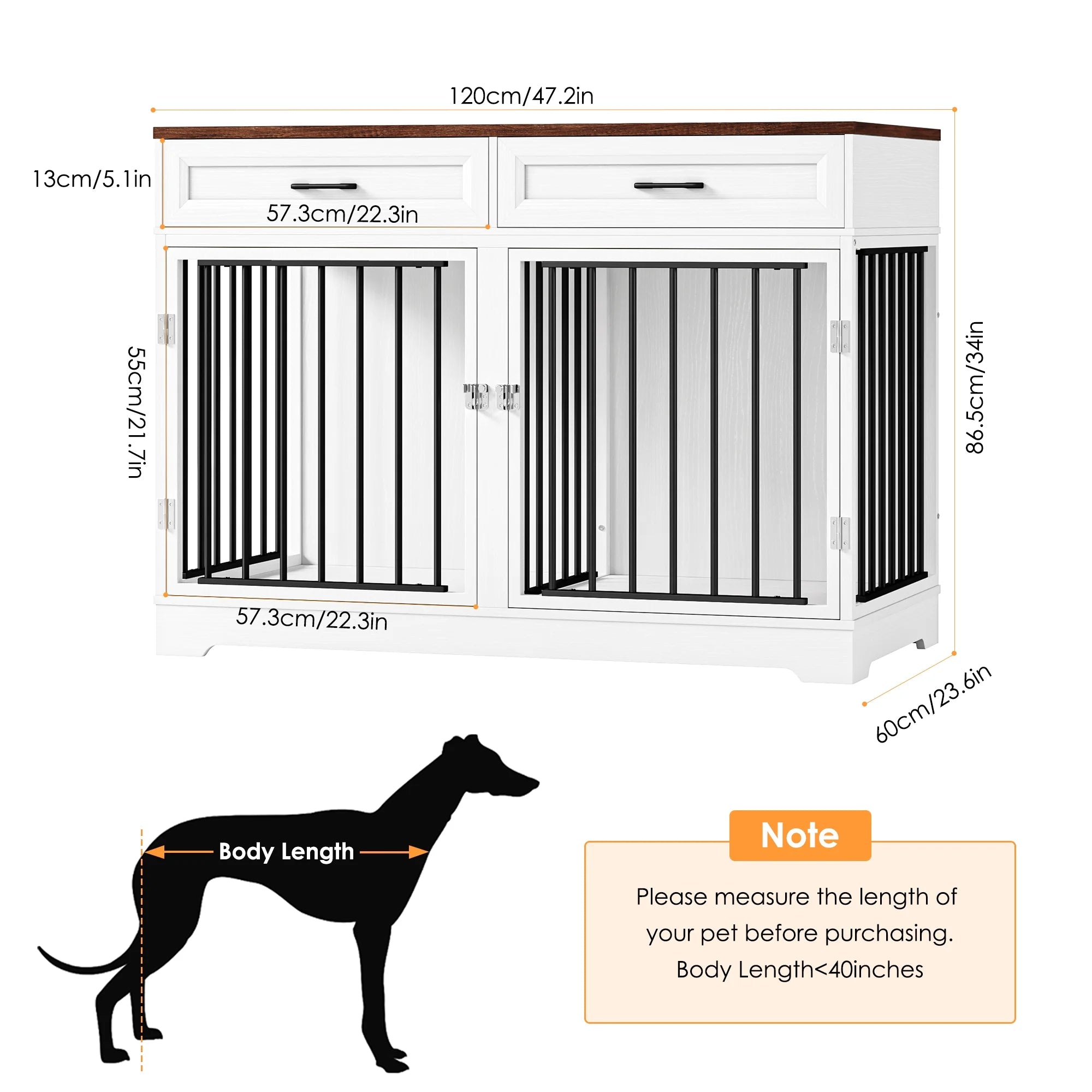 Dog Crate Furniture with 2 Drawers, 47.2 in Wooden Indoor Dog Cage Table with Divider,White